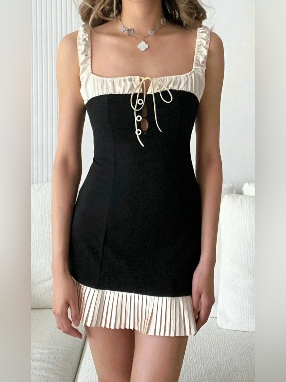Black & Ivory Mini Dress with Pleated Trim